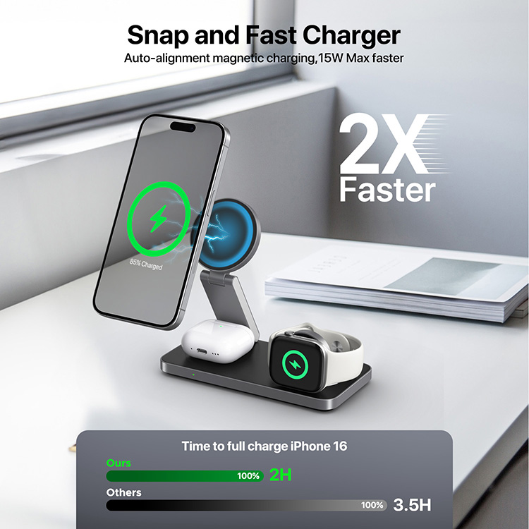 15W fast magnetic wireless charging station with auto-alignment and faster charging performance
