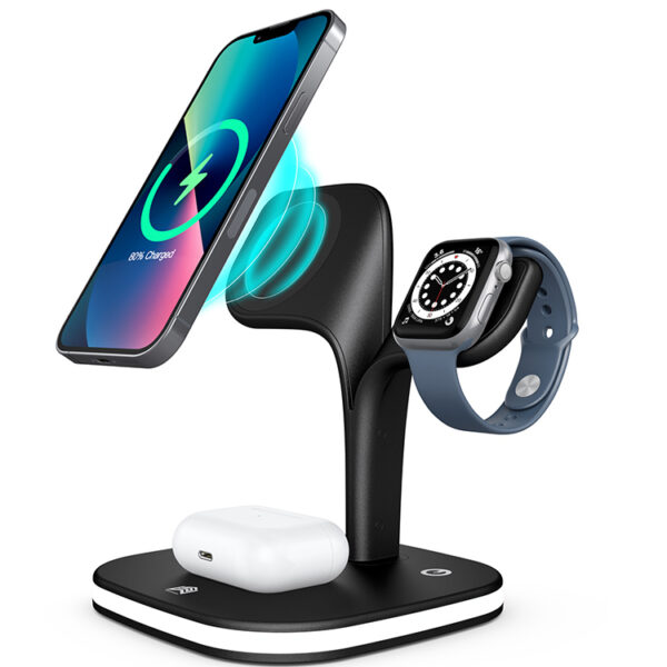 3-in-1 magnetic wireless charging stand charging smartphone, smartwatch, and earbuds simultaneously