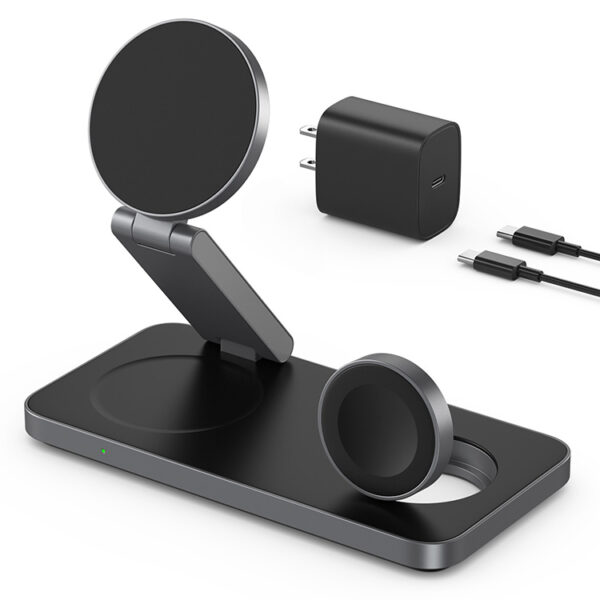 Foldable magnetic wireless charger with adjustable stand and Type-C power adapter