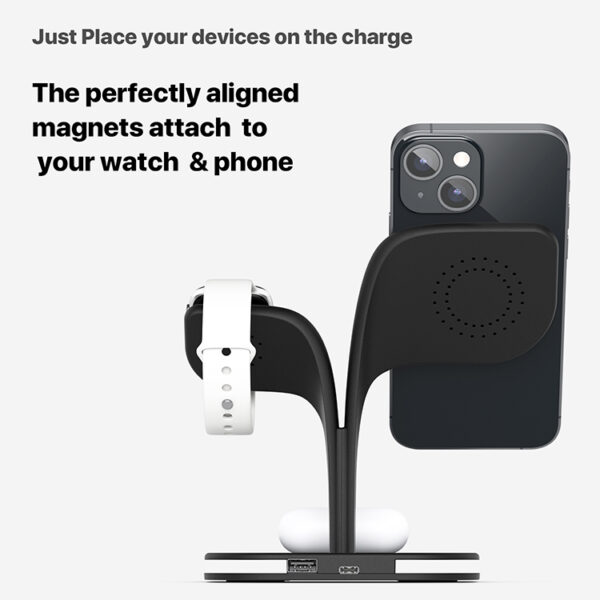 Magnetic wireless charging stand with perfectly aligned magnets for phone and smartwatch